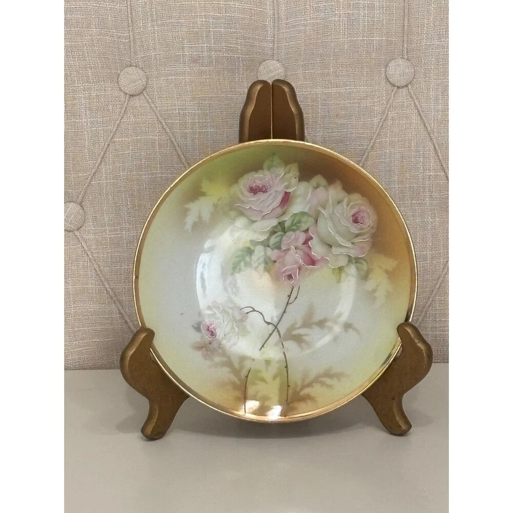 RS Prussia (4) Dessert Plates Pink/Green Floral Gold Trimmed 7.5